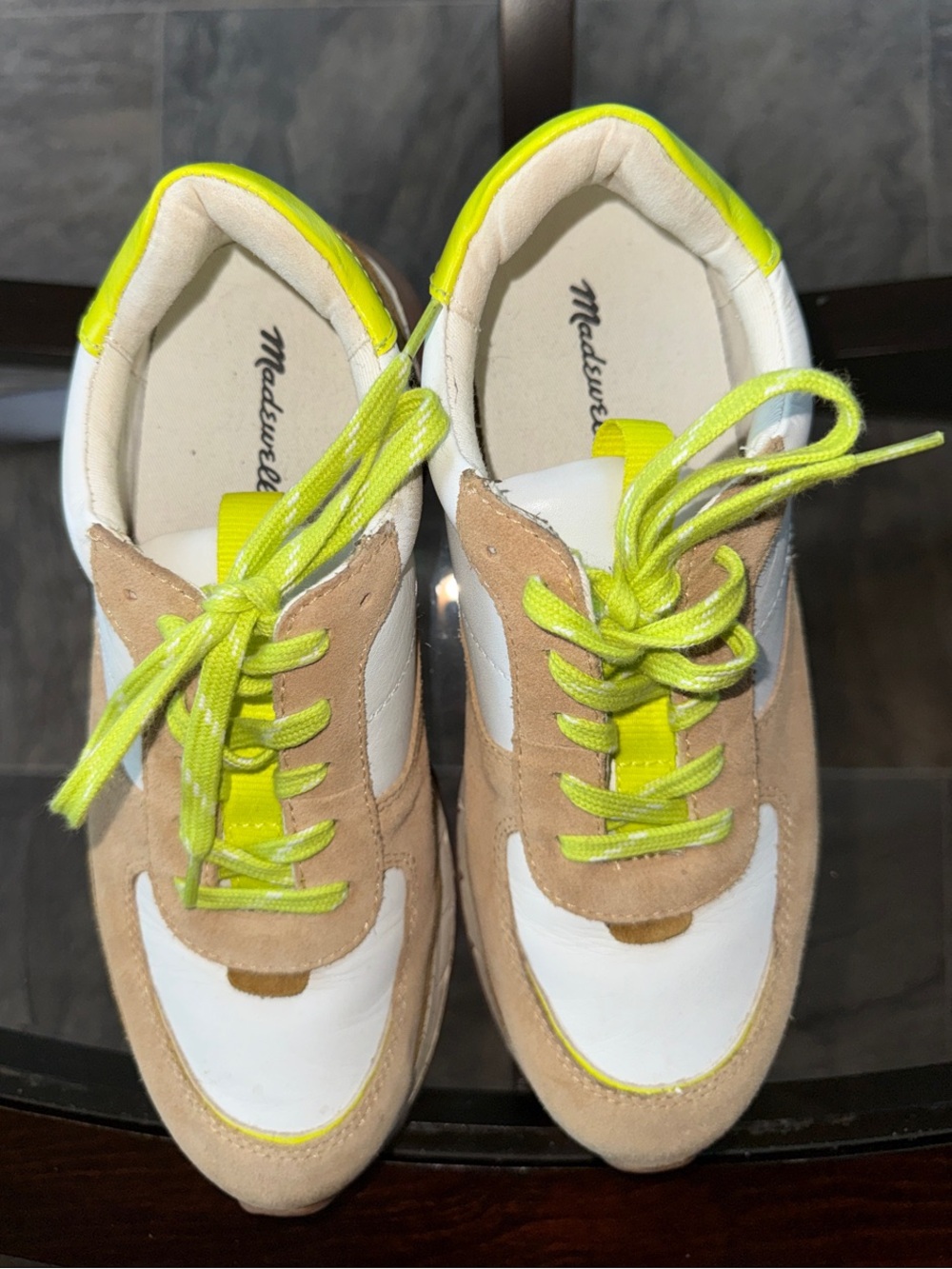 Madewell White Beige Sneakers with Neon Yellow Accents